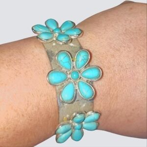 Turquoise Flower Bracelet Slip On Silver Boho Chunky Summer